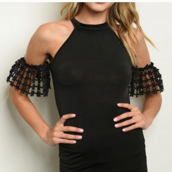 Tops - 25. One by One Black Top with Lace Sleeve